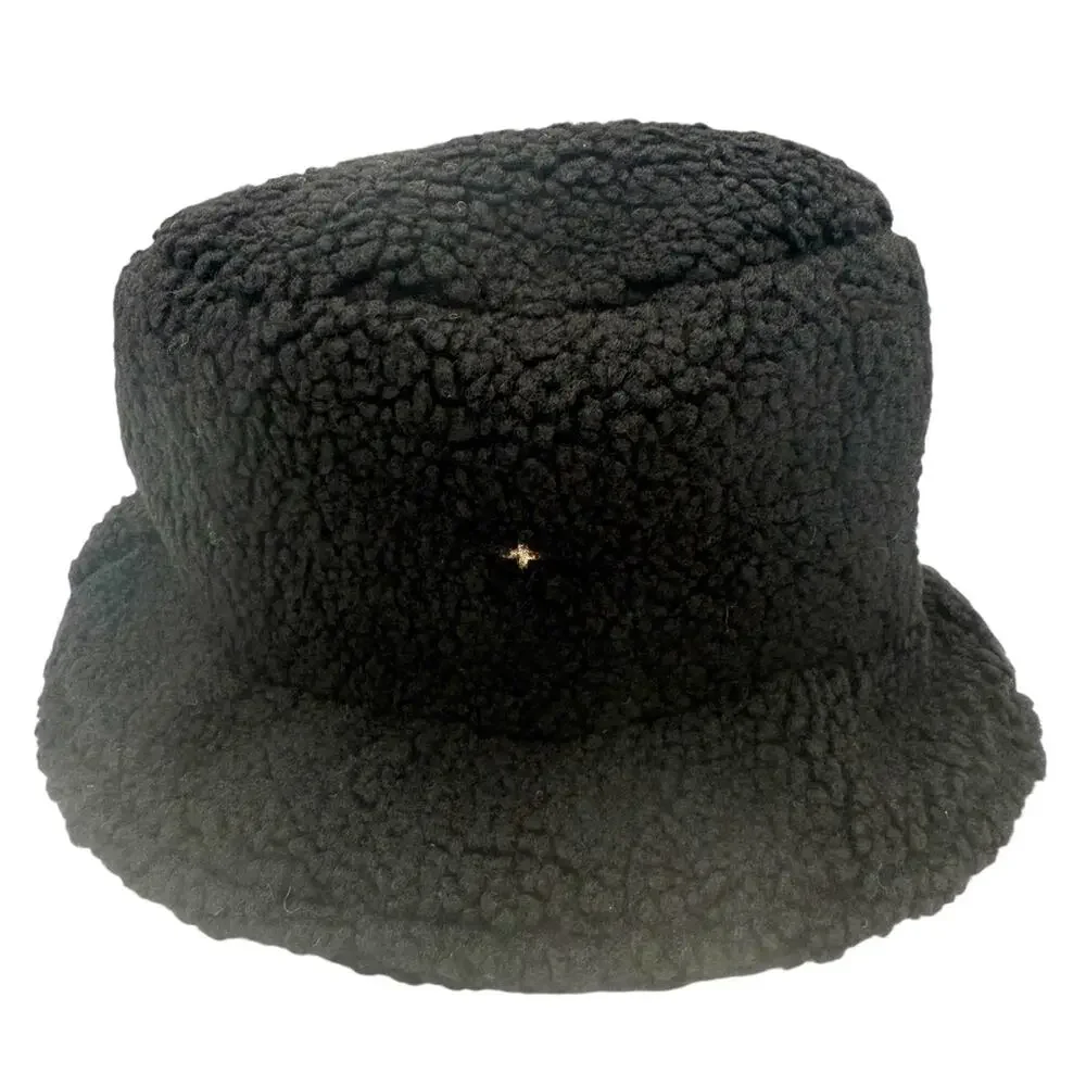 Peta + Jain Fuzzy Teddy Bucket Packable Beach Sun Hat in Black with Gold Logo